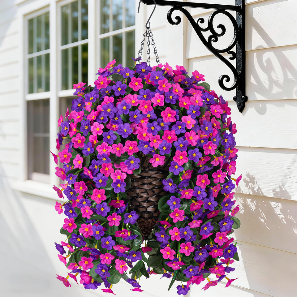 HyeFlora artificial hanging daisies in a basket add year-round outdoor color.