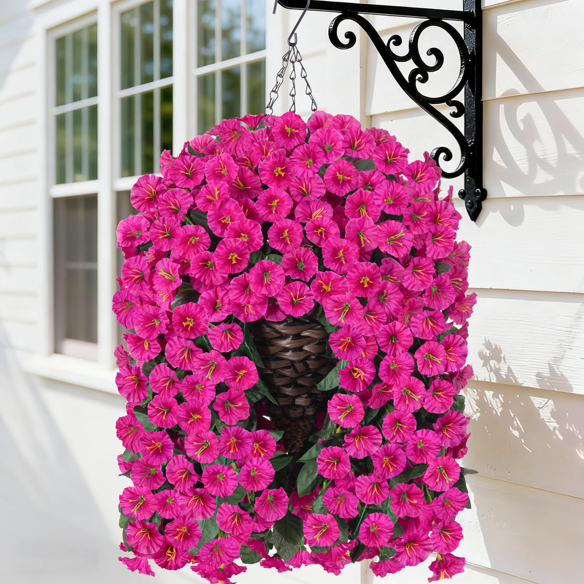 HyeFlora artificial hanging flowers basket assembly highlights easy setup for porch decor