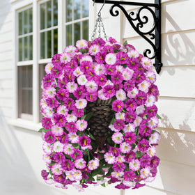 HyeFlora artificial hanging flowers in a cone-shaped basket for year-round outdoor decor.
