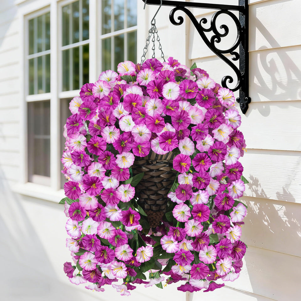 HyeFlora artificial hanging flowers in a cone-shaped basket for year-round outdoor decor.