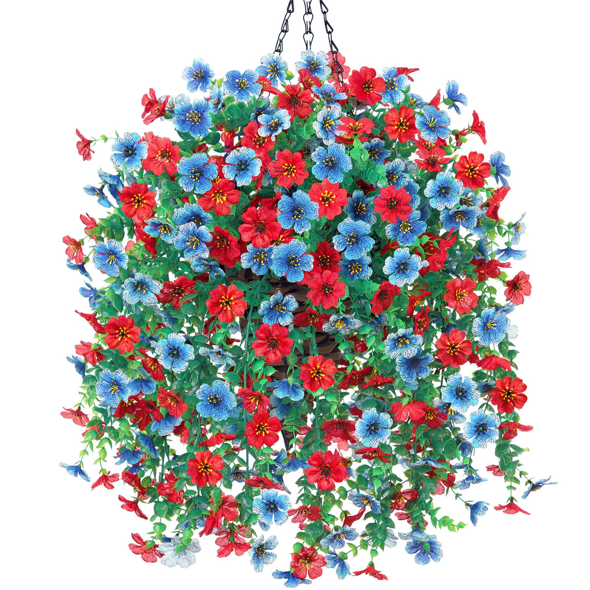 HyeFlora artificial hanging flowers basket outdoors with blue accents for curb appeal