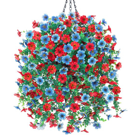 HyeFlora artificial hanging flowers basket outdoors with blue accents for curb appeal