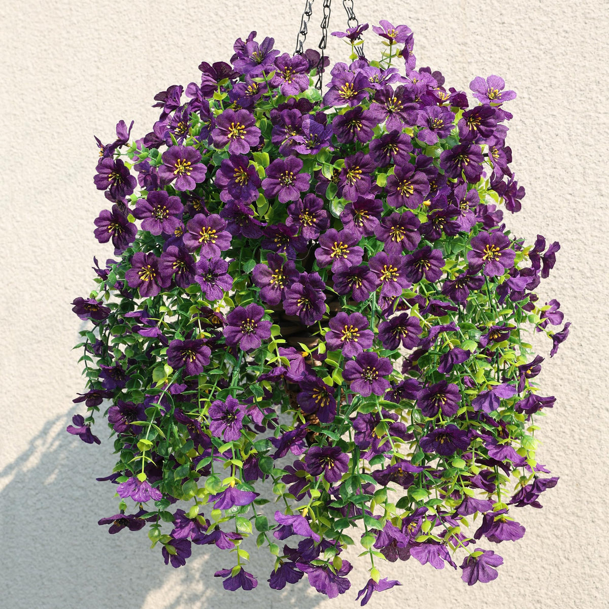 HyeFlora artificial hanging flowers basket with dark purple daisies for year-round outdoor charm.