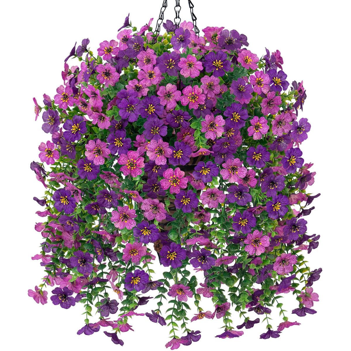 HyeFlora artificial hanging basket with darkpurple blooms for outdoor décor.