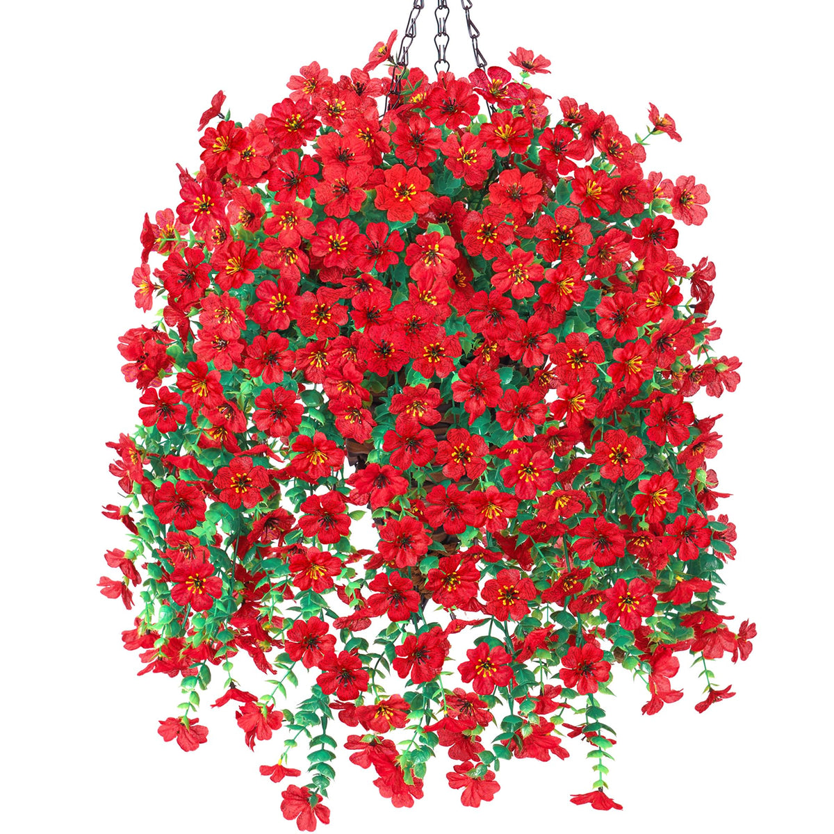 HyeFlora artificial hanging basket with red daisies for year-round outdoor color