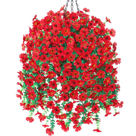 HyeFlora artificial hanging basket with red daisies for year-round outdoor color