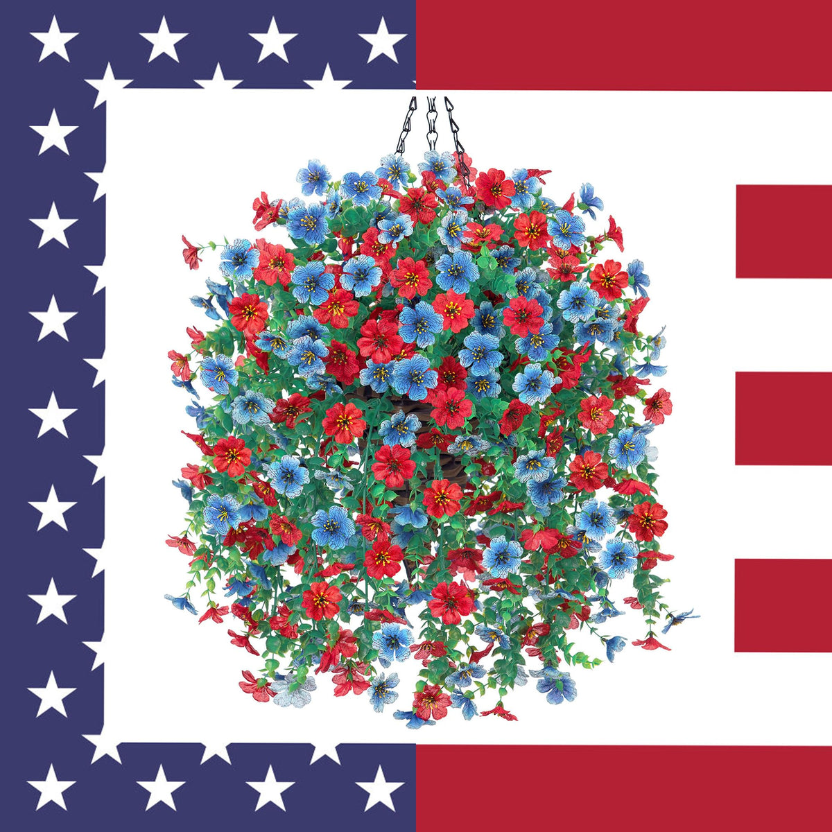 HyeFlora artificial hanging flowers basket outdoors with red accents for vibrant color