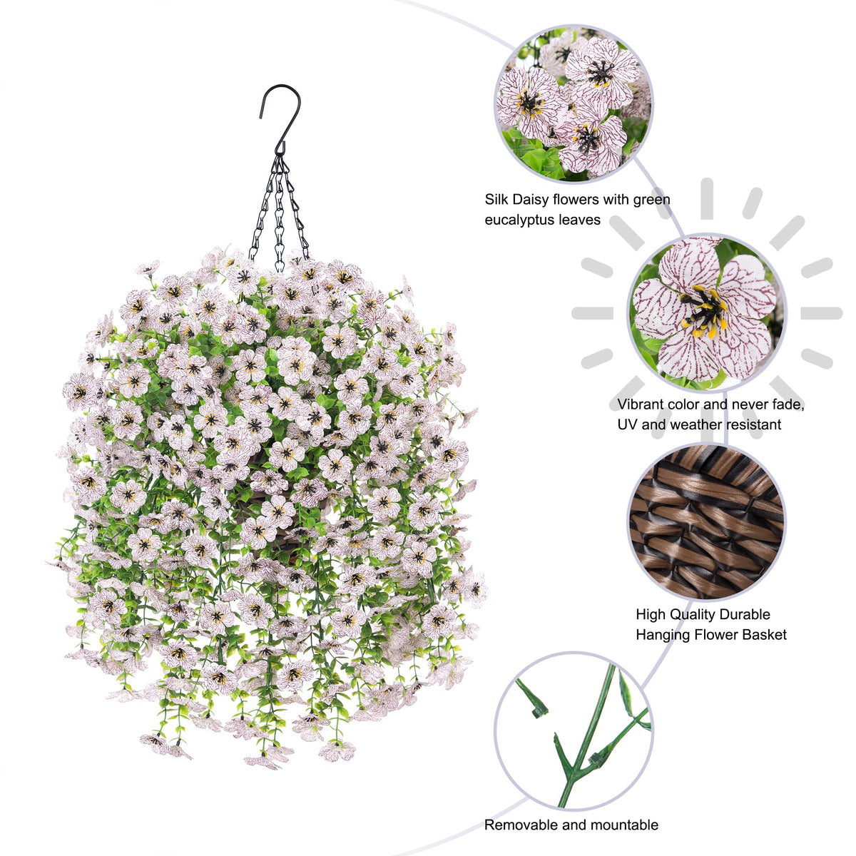 HyeFlora white daisy basket for porch display, year-round beauty.