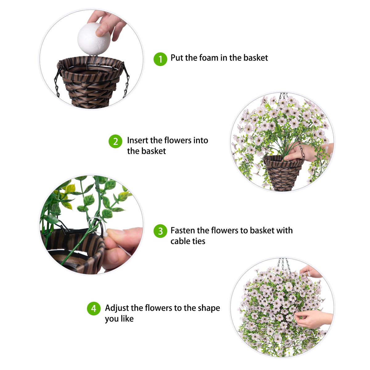 HyeFlora artificial hanging basket with white daisies, ideal for patios.