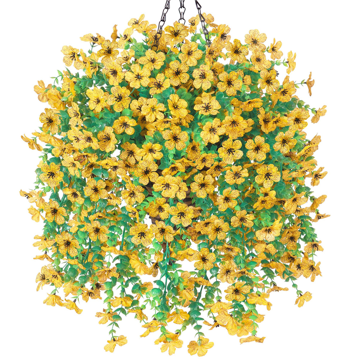 HyeFlora artificial hanging basket with yellow daisies adds year-round outdoor decoration
