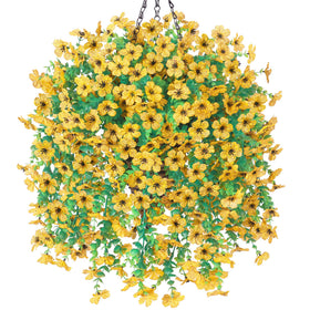 HyeFlora artificial hanging basket with yellow daisies adds year-round outdoor decoration