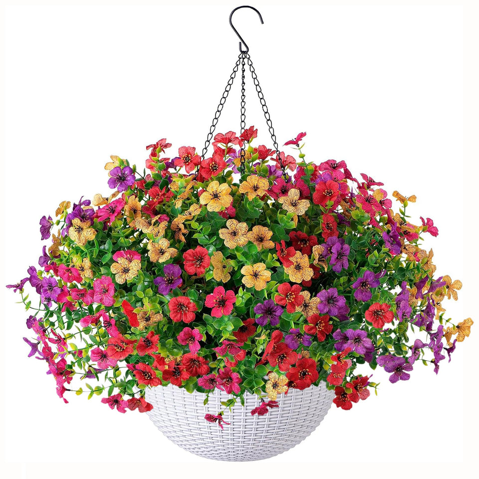 HyeFlora artificial hanging flowers basket outdoors adds year-round color and charm.