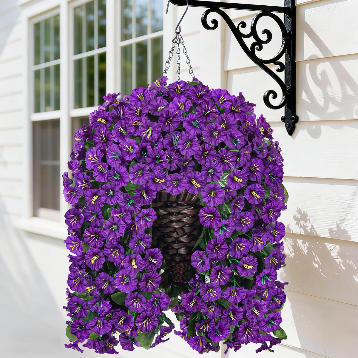 HyeFlora artificial hanging flowers in a basket for outdoor porches, maintenance-free charm