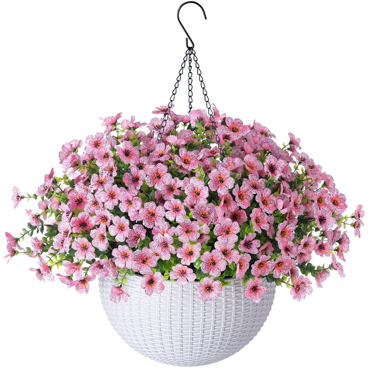 HyeFlora artificial hanging flowers in a basket adding year‑round color to outdoor space