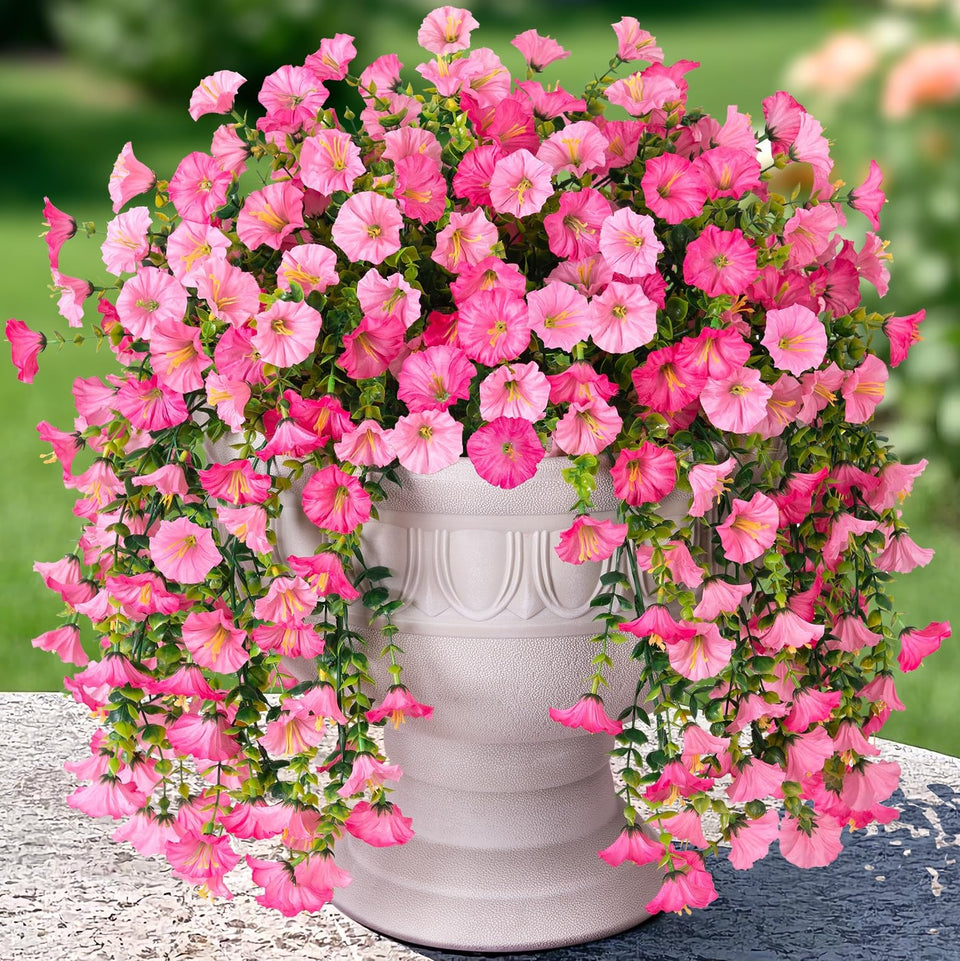HyeFlora artificial hanging flowers pink morning glory with eucalyptus for outdoor decor.