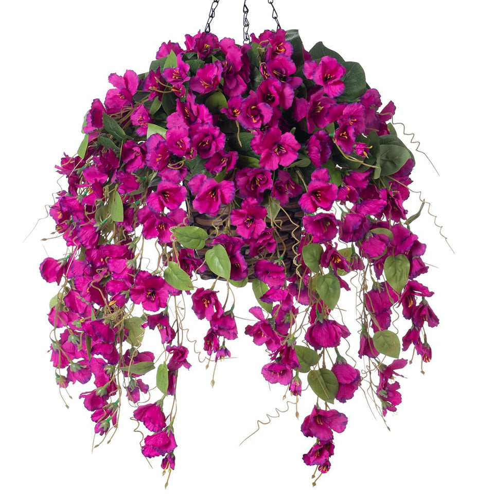 HyeFlora artificial hanging hibiscus purple basket adds maintenance-free color to outdoor porches.