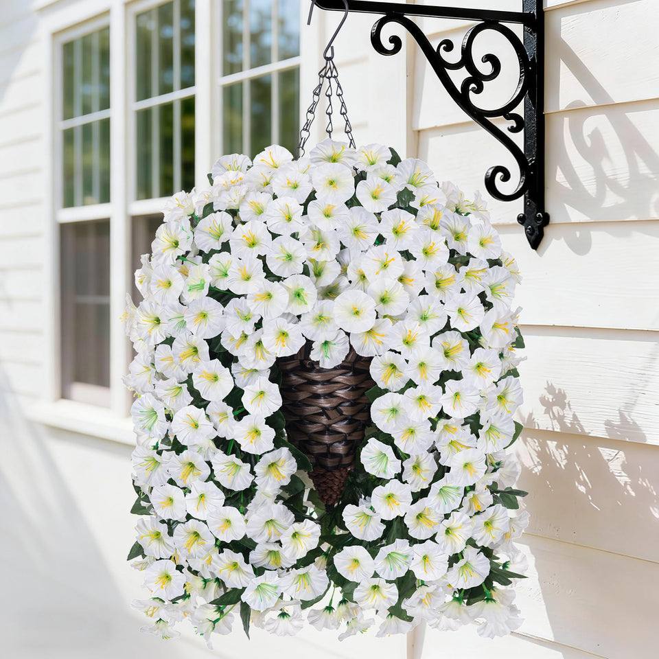 HyeFlora artificial hanging morning glory basket enhances outdoor decor with maintenance-free beauty.