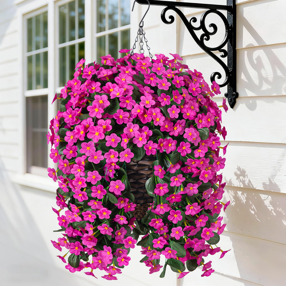 HyeFlora artificial hanging orchid basket adds year-round color to outdoor porches.