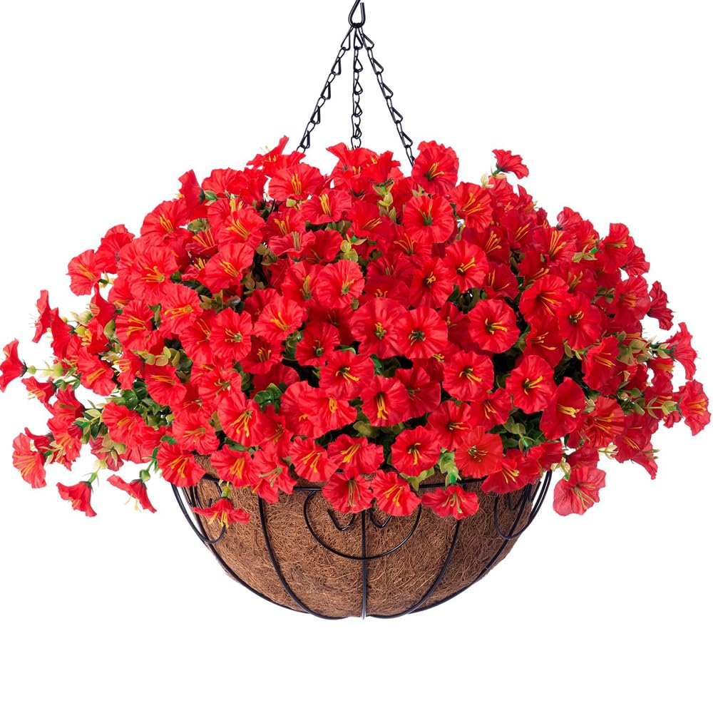 HyeFlora artificial morning glory hanging basket setup for easy outdoor decoration.