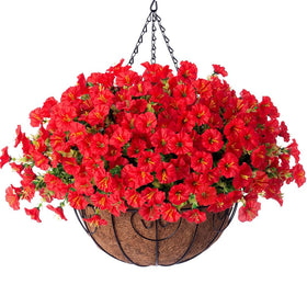 HyeFlora artificial morning glory hanging basket setup for easy outdoor decoration.