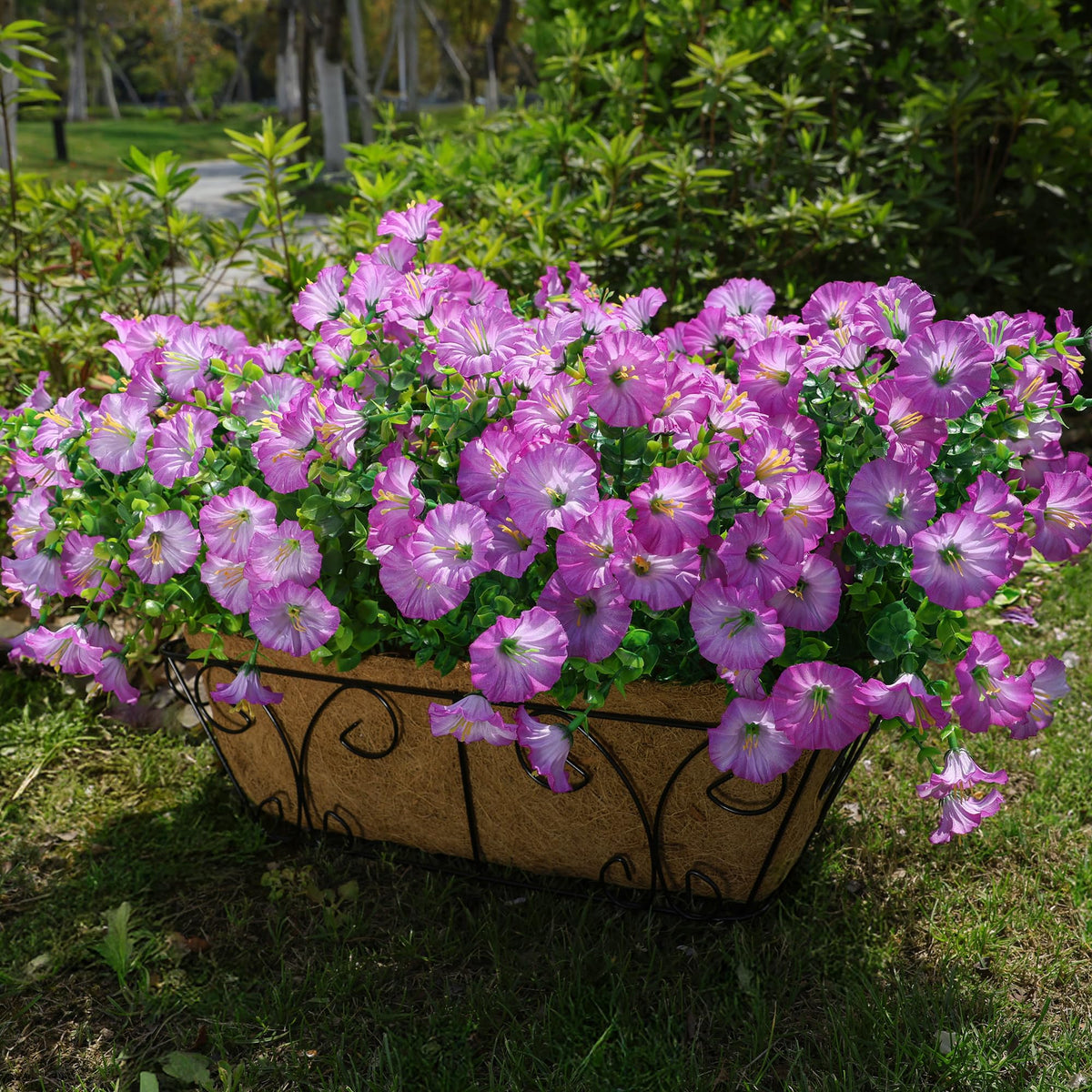 HyeFlora artificial morning glory with eucalyptus leaves enhances outdoor planters with lasting color