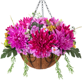 HyeFlora artificial mums in a hanging basket for curb appeal and long-lasting color.