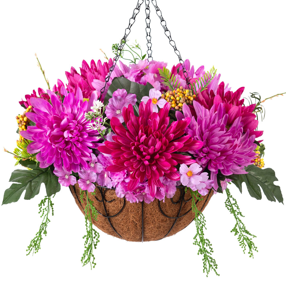 HyeFlora artificial mums in a hanging basket for curb appeal and long-lasting color.