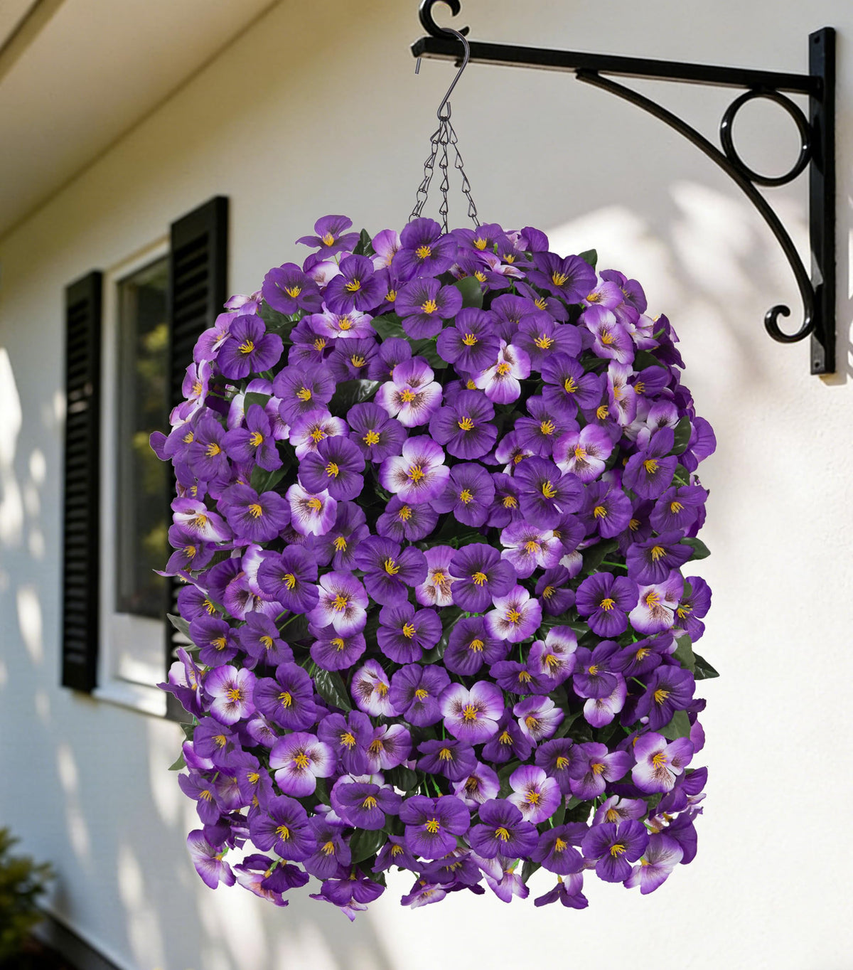 HyeFlora artificial pansy hanging basket set on porch for easy curb appeal