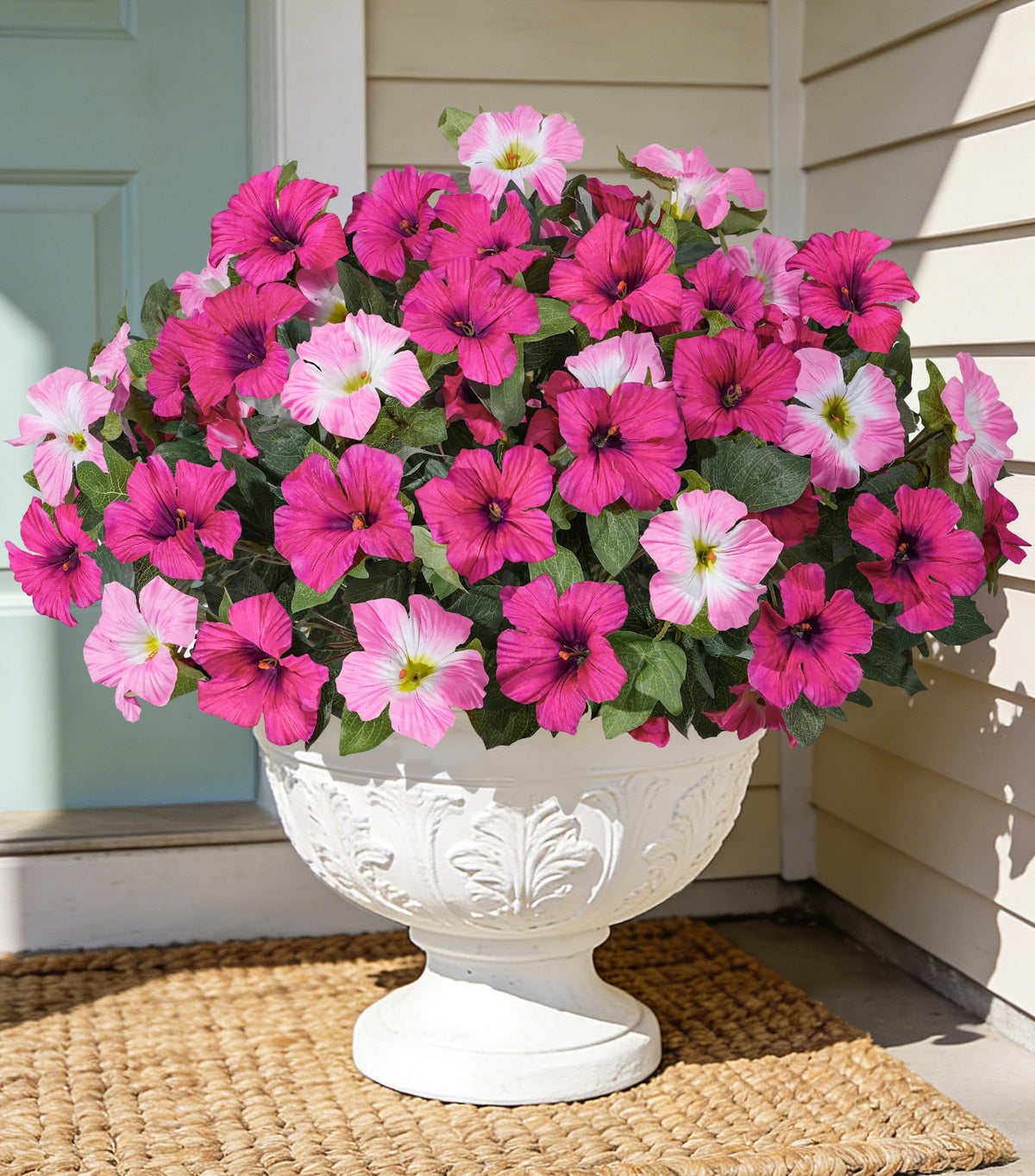 HyeFlora artificial pink petunias close-up showing ultra-real petals for outdoor decor