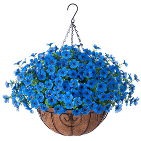 HyeFlora blue hanging basket with artificial flowers for porch decor and year round color