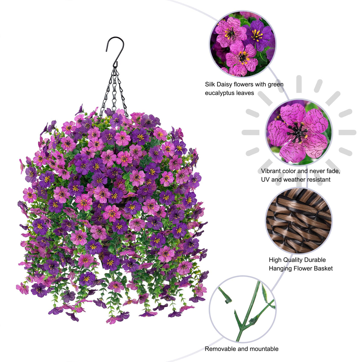 HyeFlora 7-8in basket dimensions with chain for easy outdoor decor.
