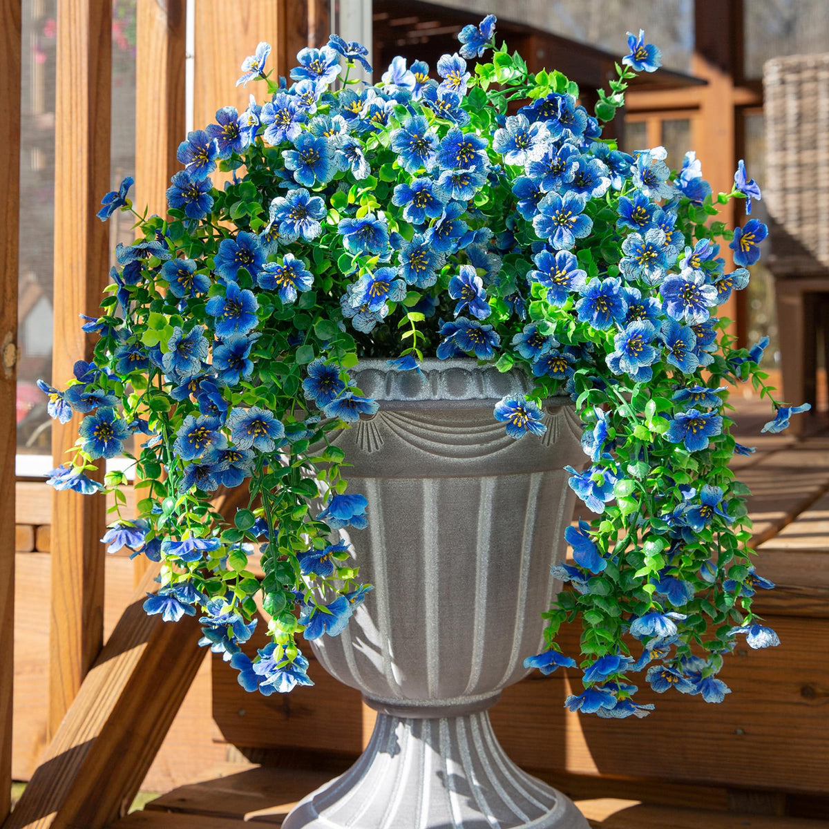 HyeFlora blue artificial flowers for outdoor hanging decor in two pieces, weather-ready.