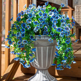 HyeFlora blue artificial flowers for outdoor hanging decor in two pieces, weather-ready.