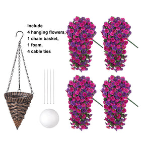 Cone-shaped basket with metal chains holding artificial blooms securely.