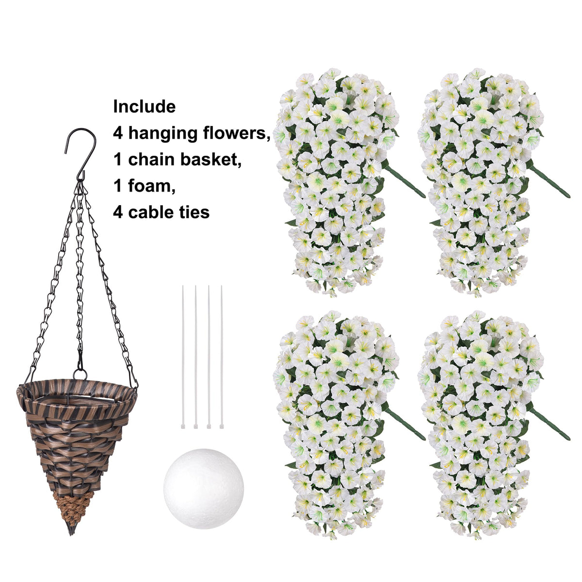 Cone-shaped rattan basket with metal chains for secure outdoor hanging.