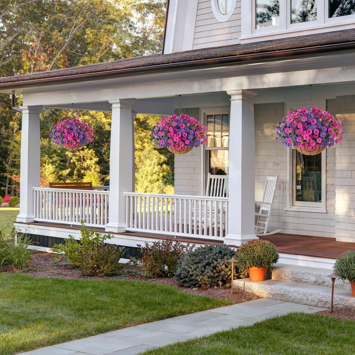 HyeFlora front porch decor with bright fuchsia and purple blooms