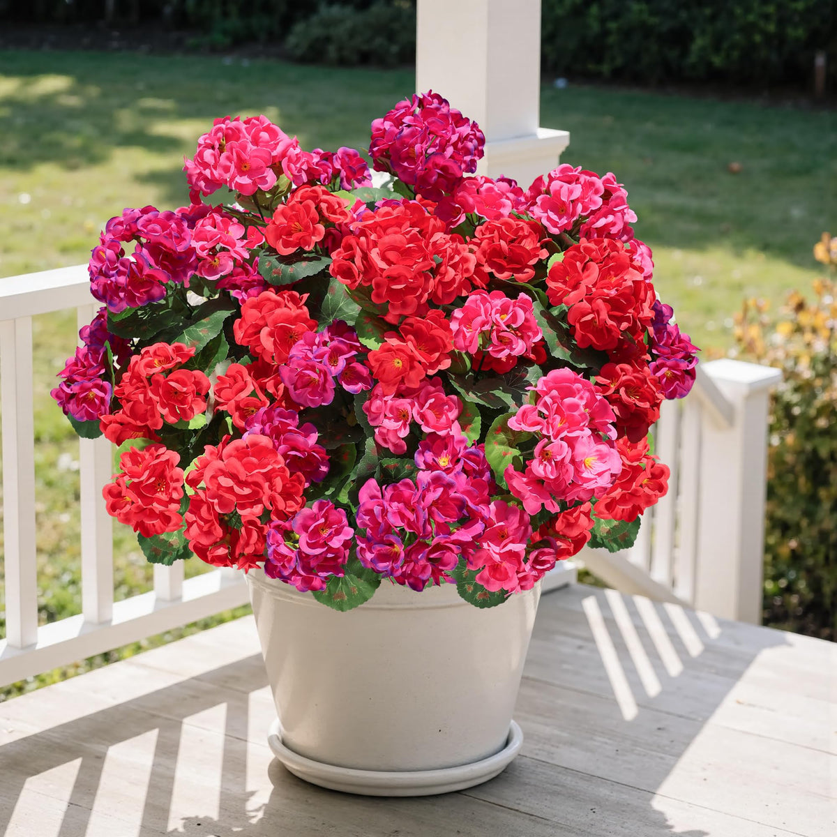 HyeFlora geraniums front door arrangement with weather-ready appeal.