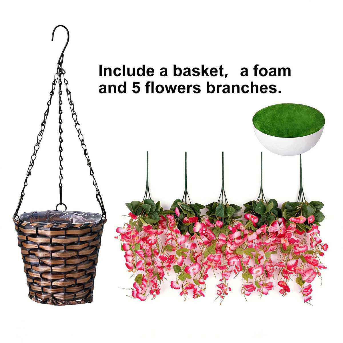 HyeFlora hanging basket with metal chains and five flower branches.