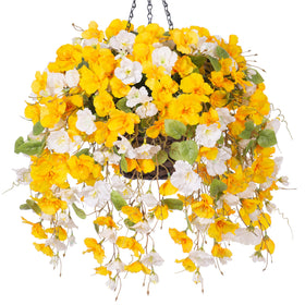 HyeFlora hanging hibiscus basket with lush faux flowers for outdoor decor.