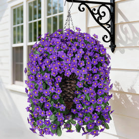 HyeFlora hanging purple daisy faux flowers in cone basket for porch decor.