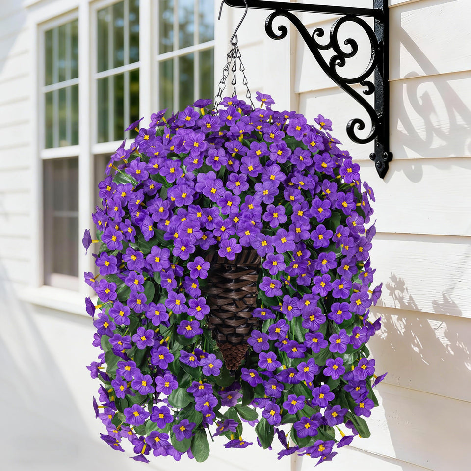 HyeFlora hanging purple daisy faux flowers in cone basket for porch decor.