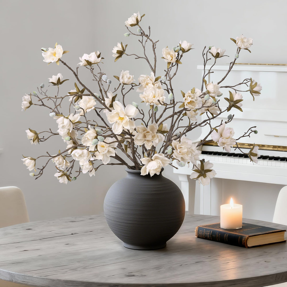 Hyeflora magnolia branch with buds delivers realistic, maintenance-free decor.