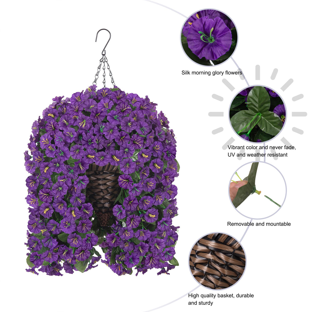 HyeFlora metal chains hang the faux arrangement securely on a patio