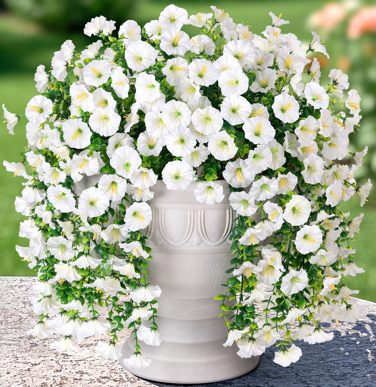 HyeFlora morning glory hanging flowers 2-pack, lifelike vines for outdoor decor.