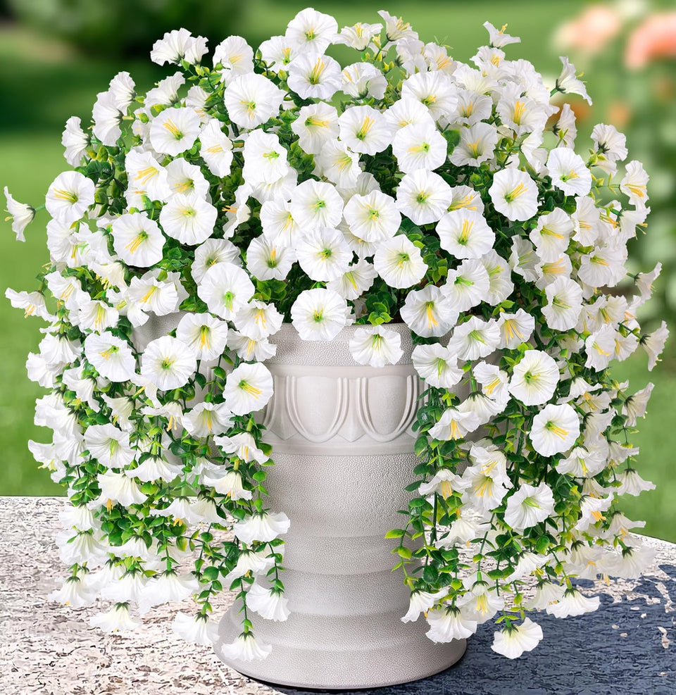 HyeFlora morning glory hanging flowers 2-pack, lifelike vines for outdoor decor.