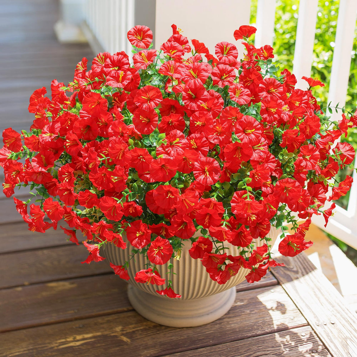 HyeFlora outdoor artificial red morning glory with eucalyptus for planters