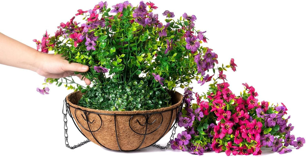 Porch or patio decor setup featuring two hanging baskets.