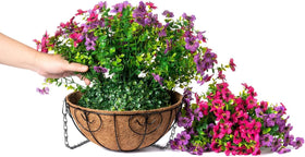 Porch or patio decor setup featuring two hanging baskets.