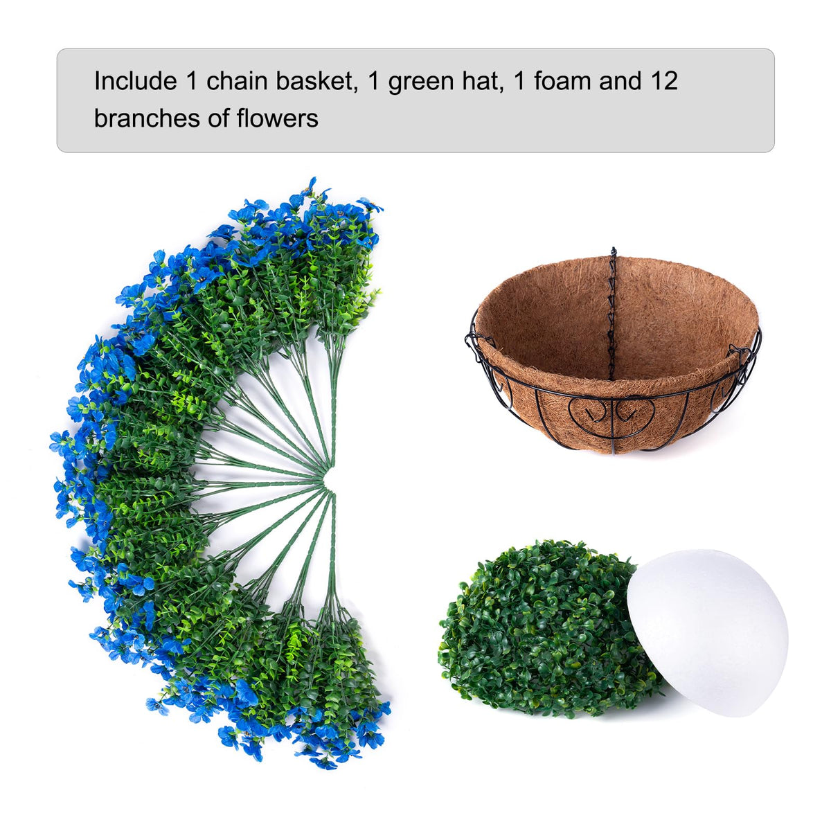 HyeFlora rattan basket and metal chains supporting blue blooms