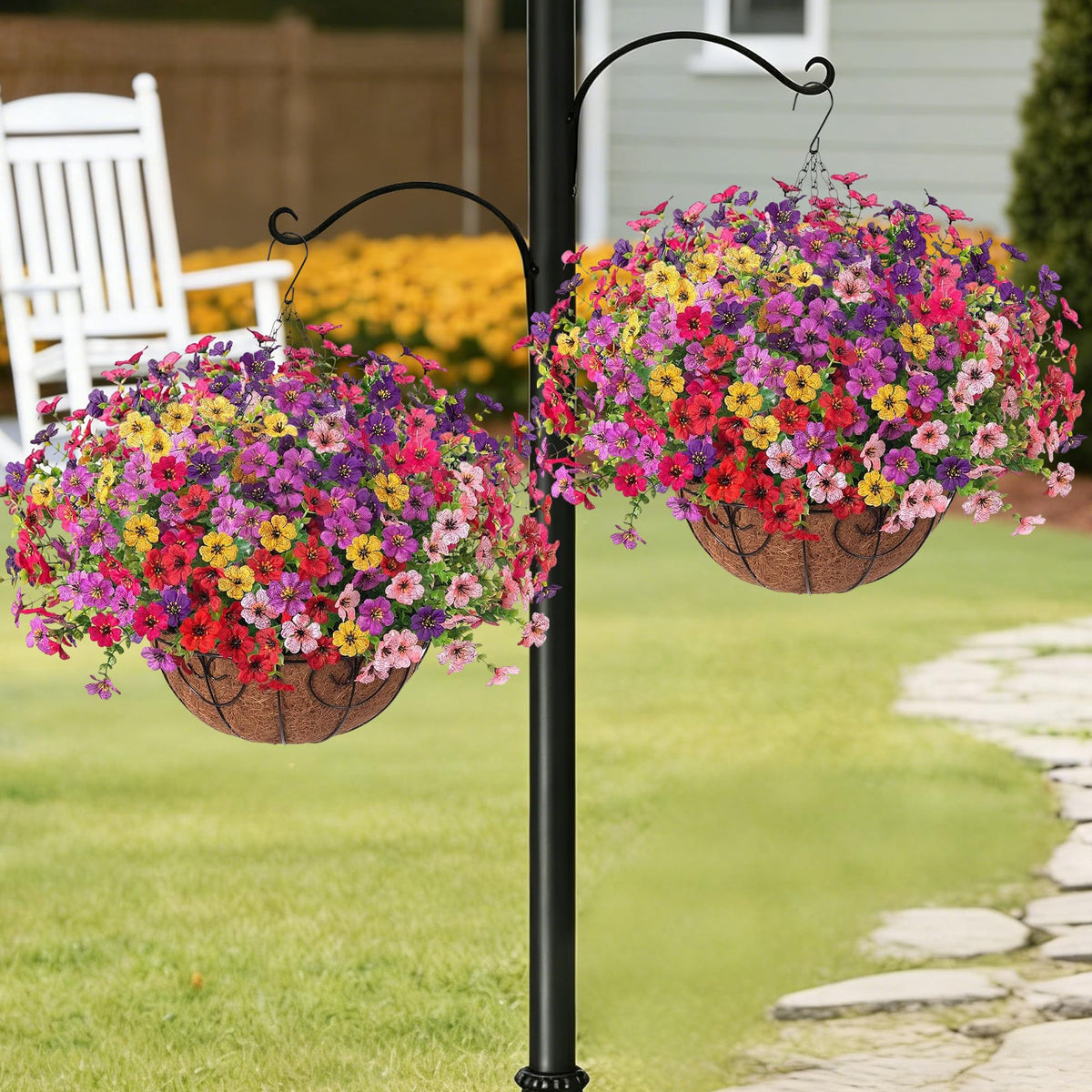 HyeFlora lifelike daisies with eucalyptus accents brighten porches and entryways.